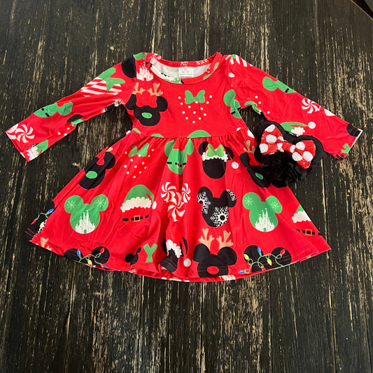 Christmas holiday Mouse inspired red long sleeve dress