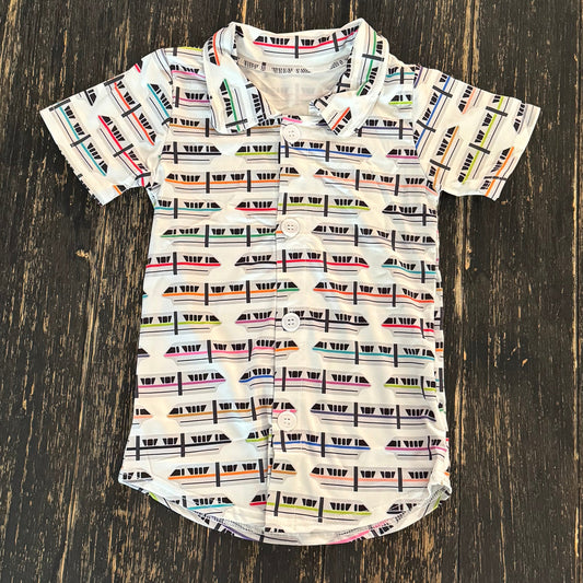 Monorail theme park inspired men’s button up shirt