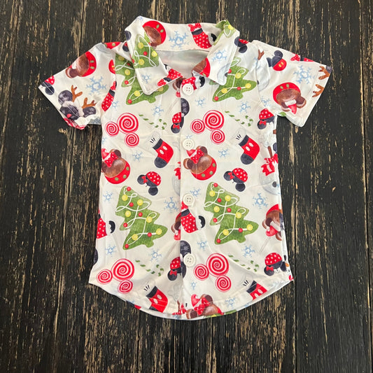 White mouse Christmas holiday button down boys shirt