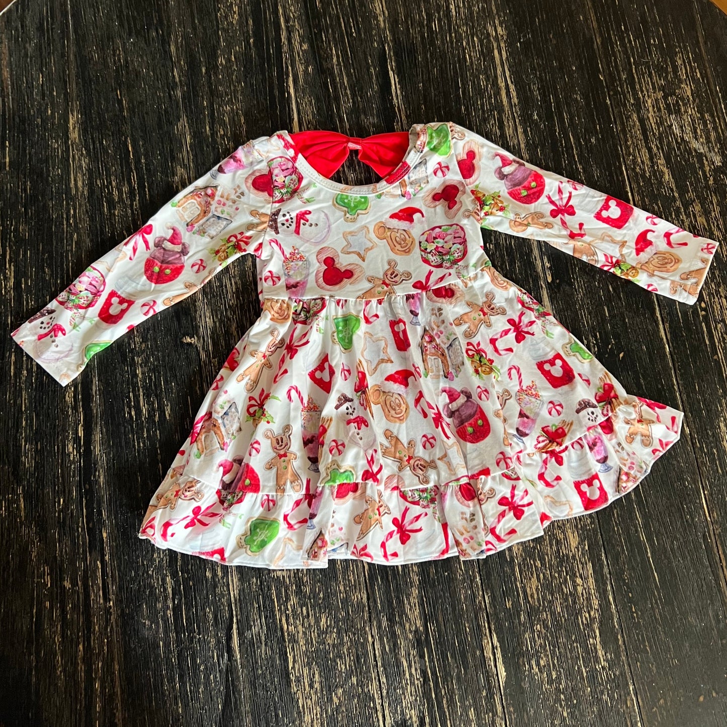 Theme park Christmas Holiday twirl snack dress with bow on back long sleeve