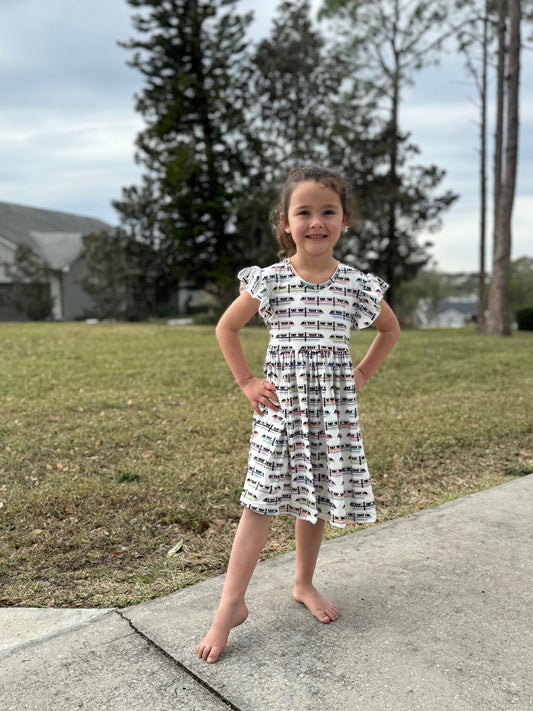 Monorail theme park girls twirl dress with flutter sleeve