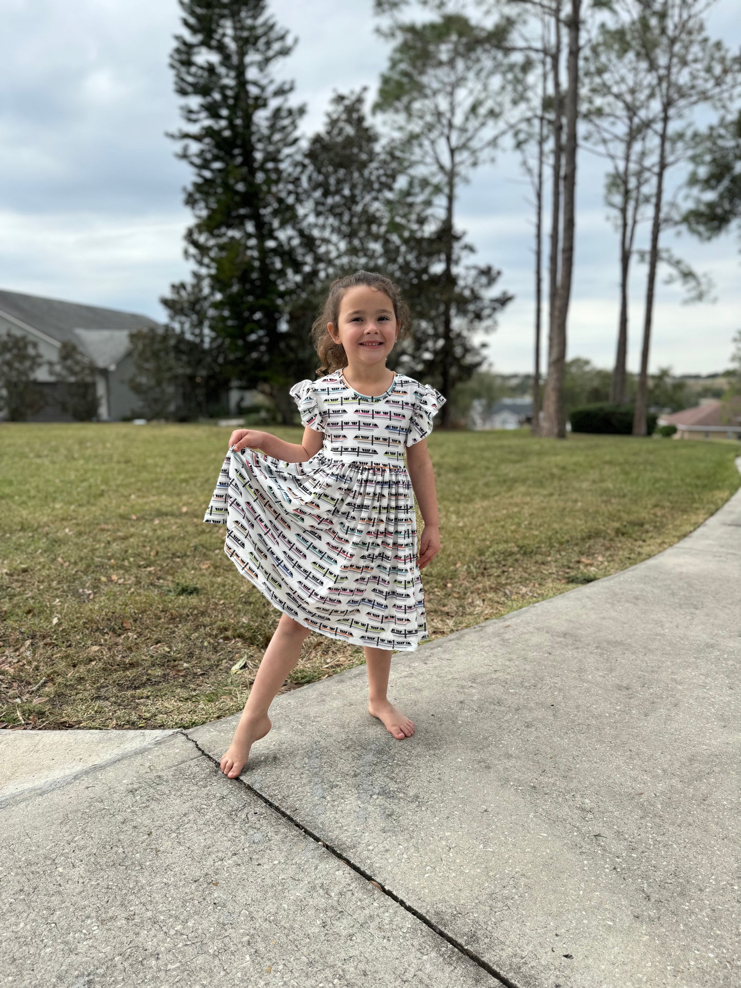 Monorail theme park girls twirl dress with flutter sleeve