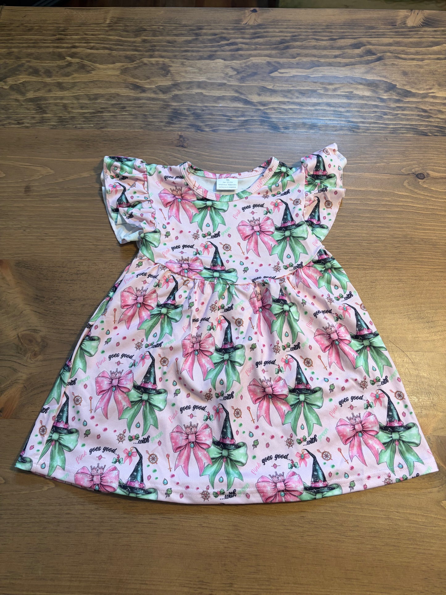 Pink and Green Witch flutter sleeve dress