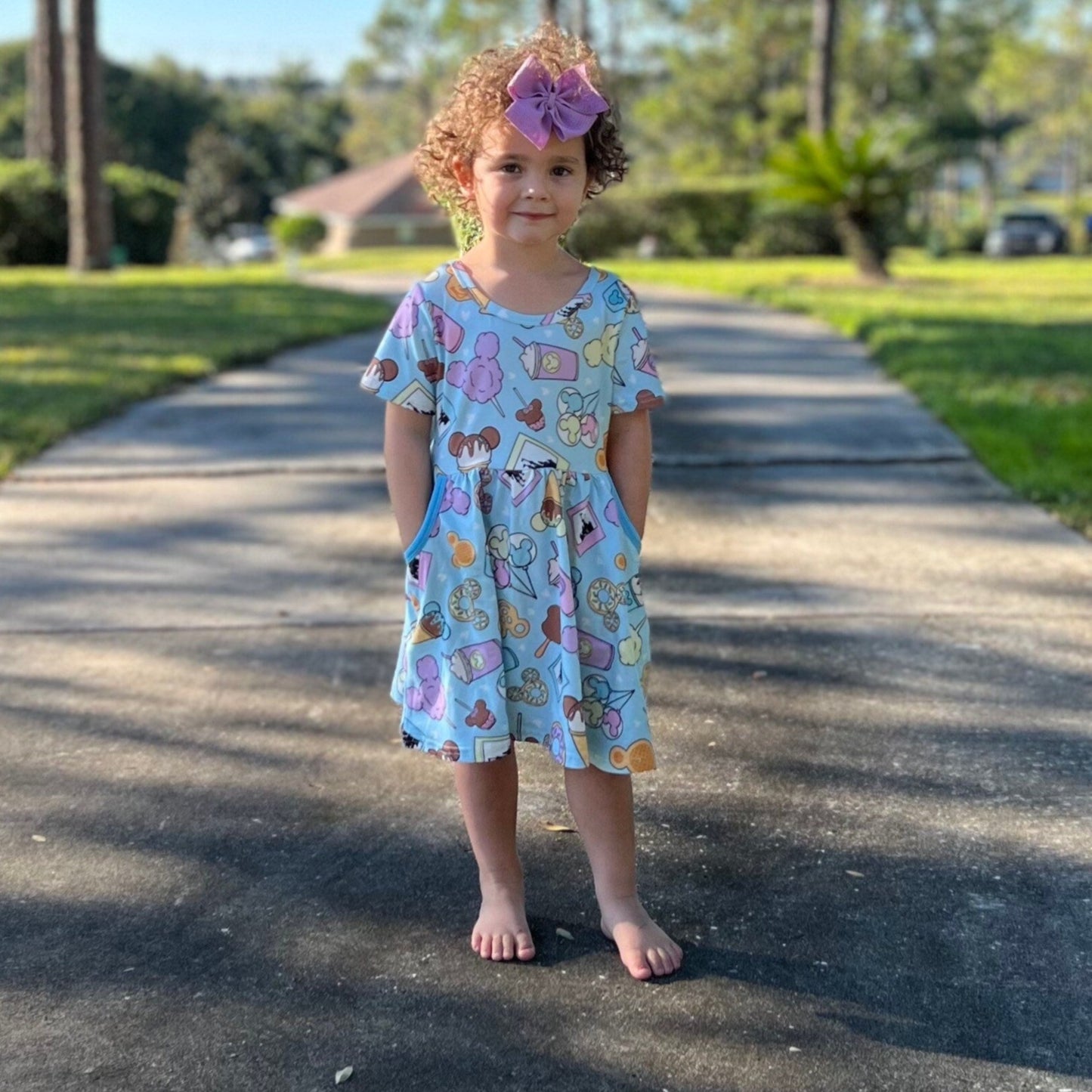 Light blue theme park snacks twirl dress with pockets