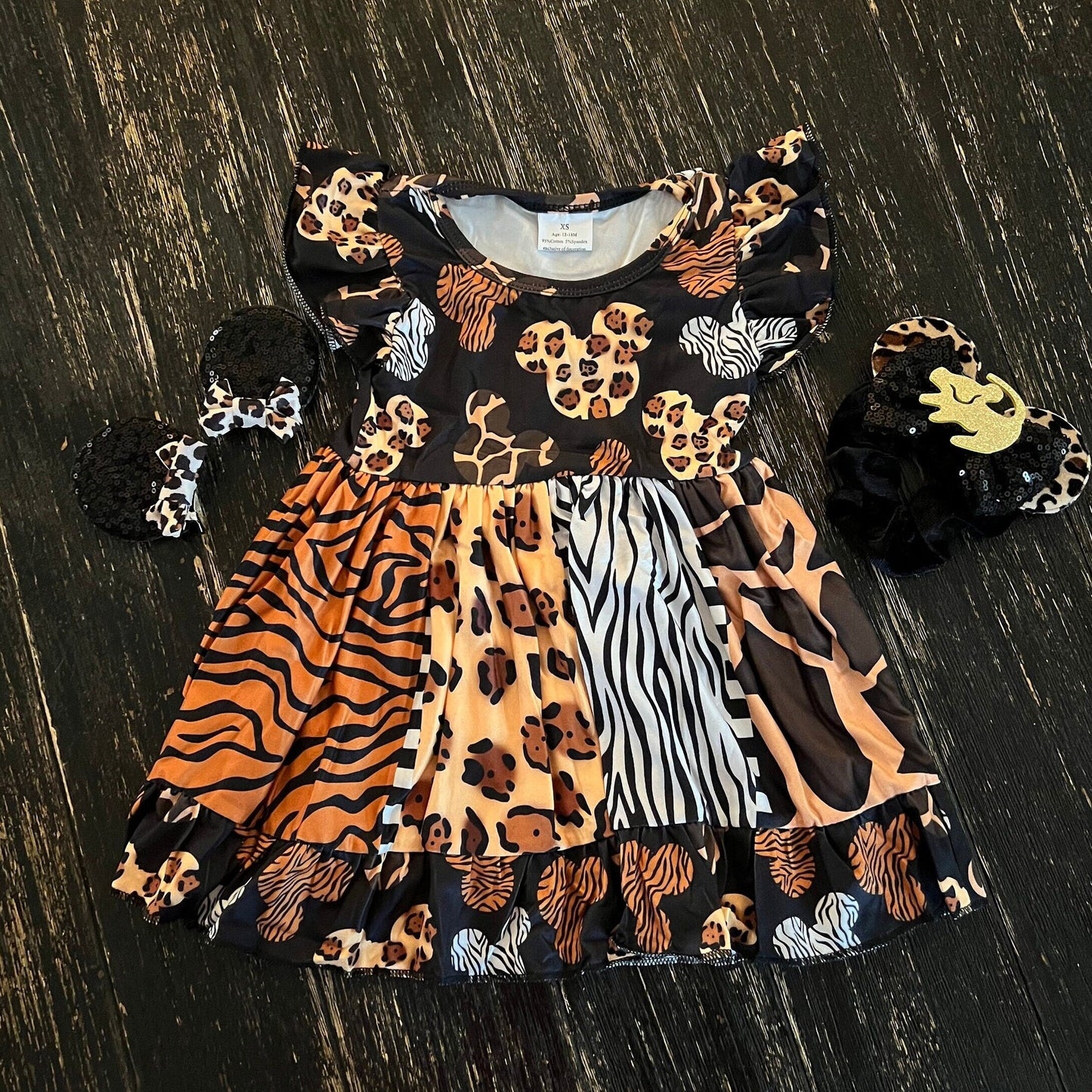 Mouse animal print boutique style dress with flutter sleeves