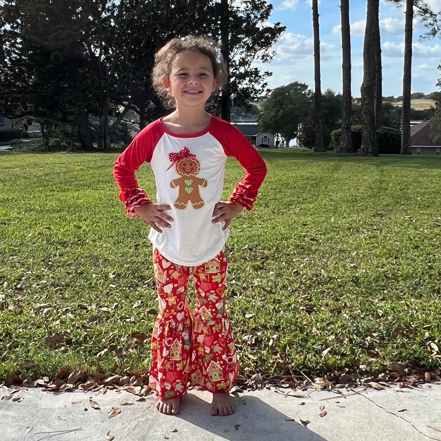 Gingerbread girl Christmas pants outfit with bow