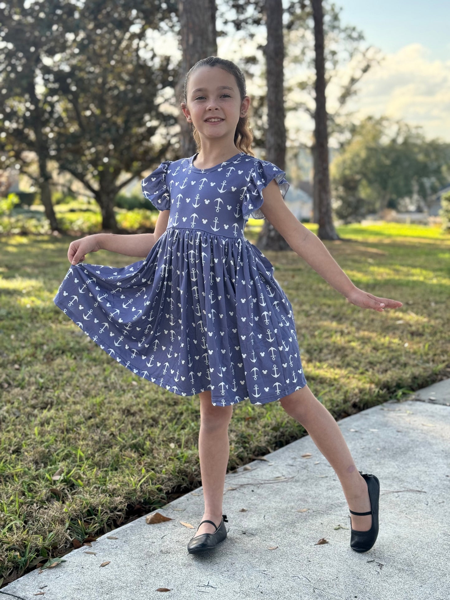 Cruise Anchor Mouse girls twirl dress with flutter sleeve