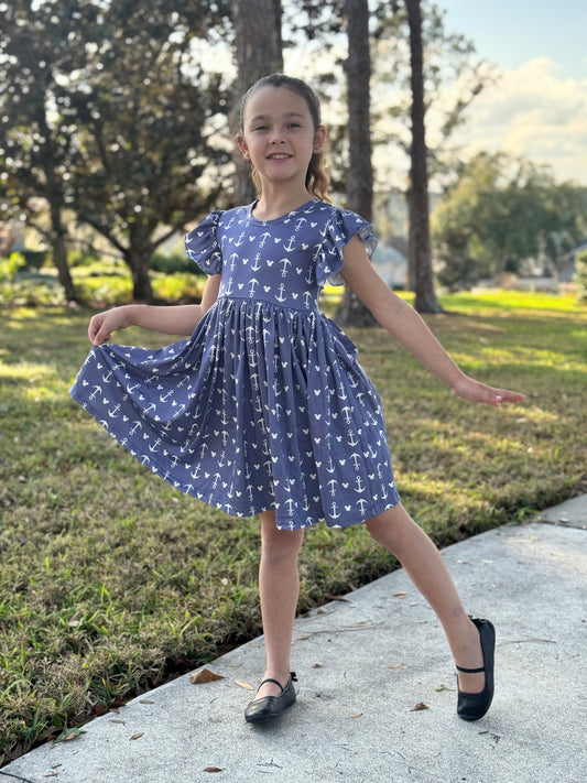 Cruise Anchor Mouse girls twirl dress with flutter sleeve